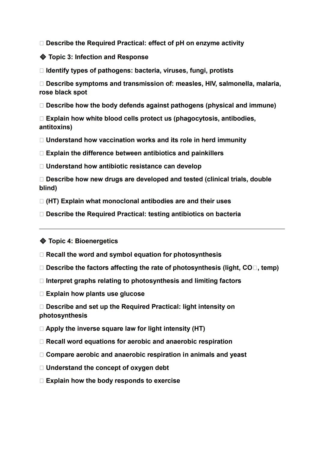 AQA GCSE Biology Paper 1 - Revision Checklist
◆Topic 1: Cell Biology
Understand the difference between eukaryotic and prokaryotic cells
Labe