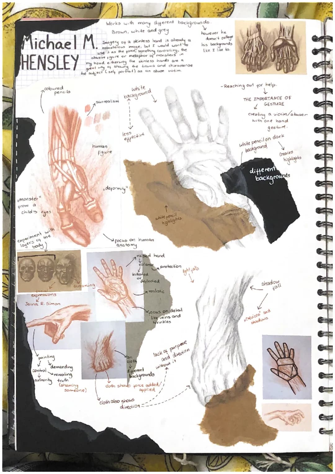 Michael M.
HENSLEY
MULT the subject ( self portrait) as an abuse victim.
Imagery of a skinless hand is already a
•• monsterous mage, but I w