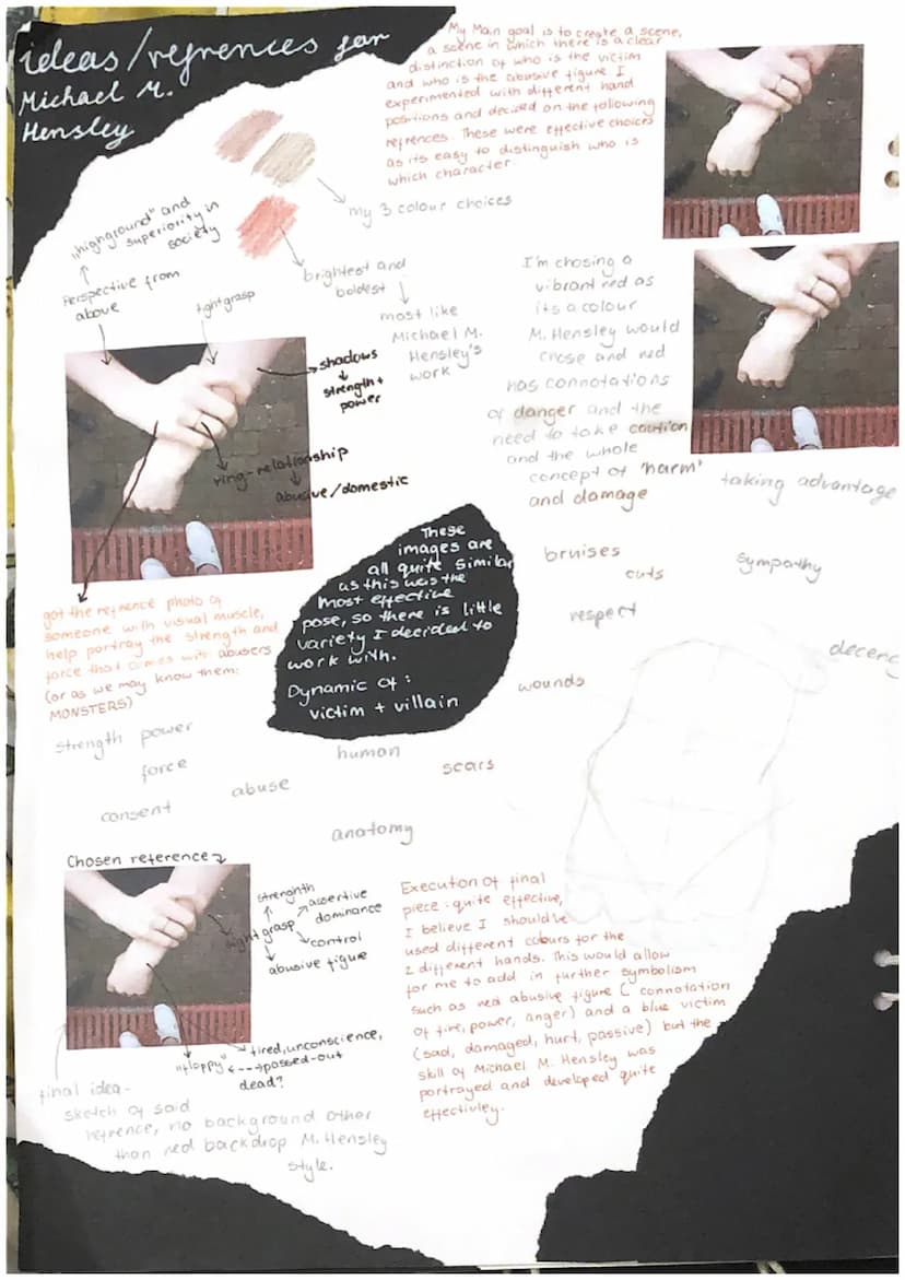 Michael M.
HENSLEY
MULT the subject ( self portrait) as an abuse victim.
Imagery of a skinless hand is already a
•• monsterous mage, but I w