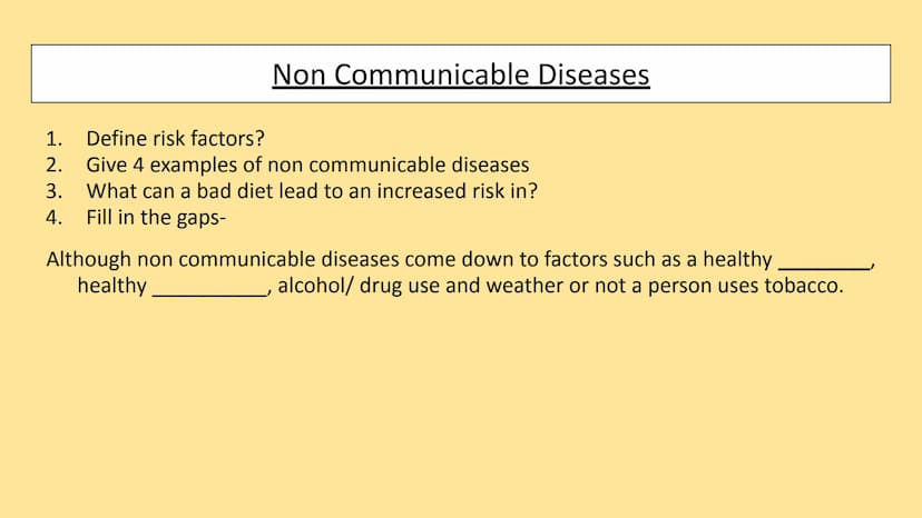 Health & Disease Revision
Communicable diseases, Non Communicable diseases, Vaccinations, Antibiotics,
Cardiovascular Disease Communicable D