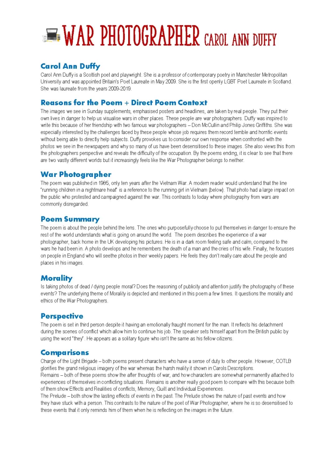 War Photographer Context and Summary - Power and Conflict Poetry