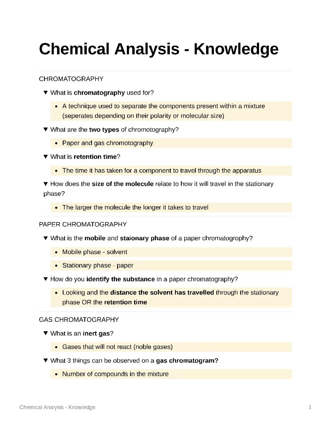 Chemical Analysis - Knowledge