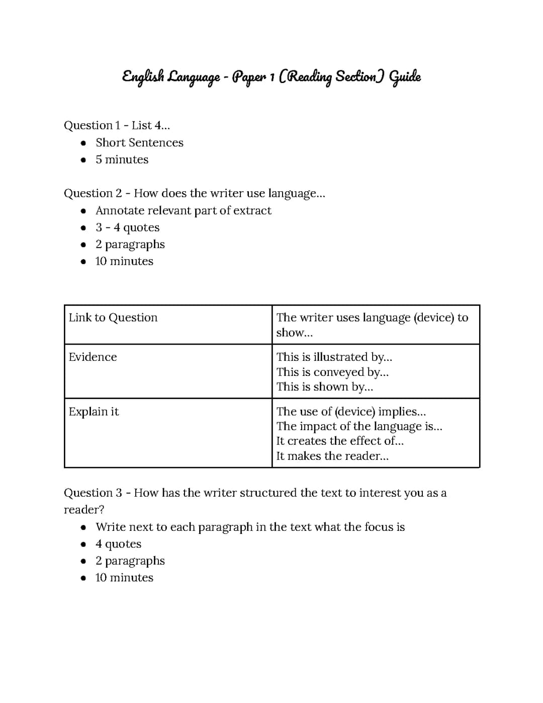 English Language Paper 1 Reading Section Guide and Model Answers