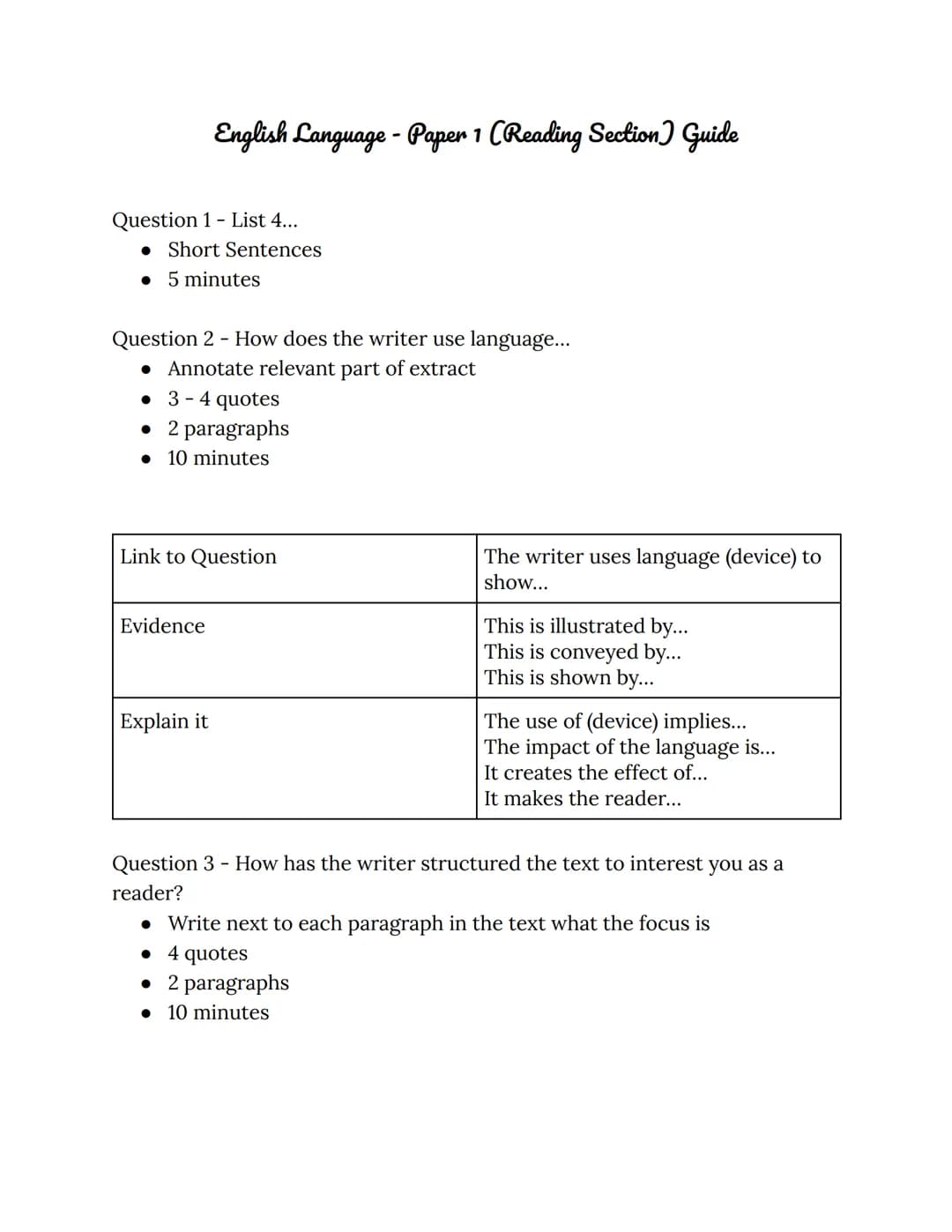 
<h2 id="question1list4">Question 1 - List 4…</h2>
<ul>
<li>Short Sentences</li>
<li>5 minutes</li>
</ul>
<h2 id="question2howtoanswerenglis