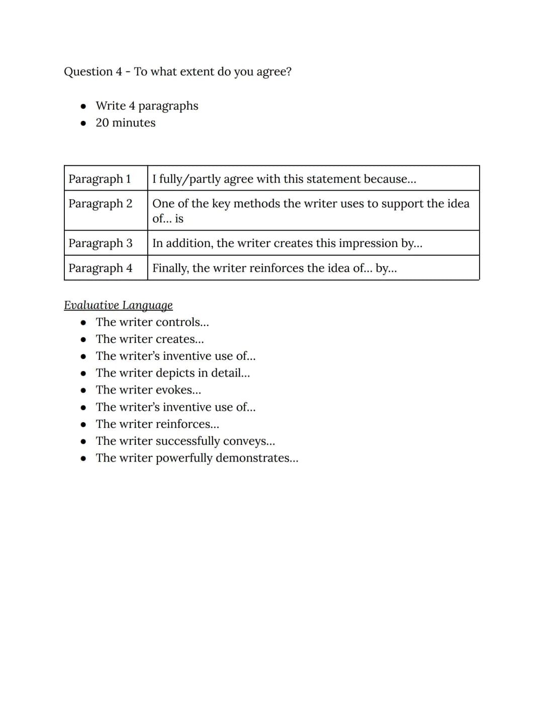 
<h2 id="question1list4">Question 1 - List 4…</h2>
<ul>
<li>Short Sentences</li>
<li>5 minutes</li>
</ul>
<h2 id="question2howtoanswerenglis