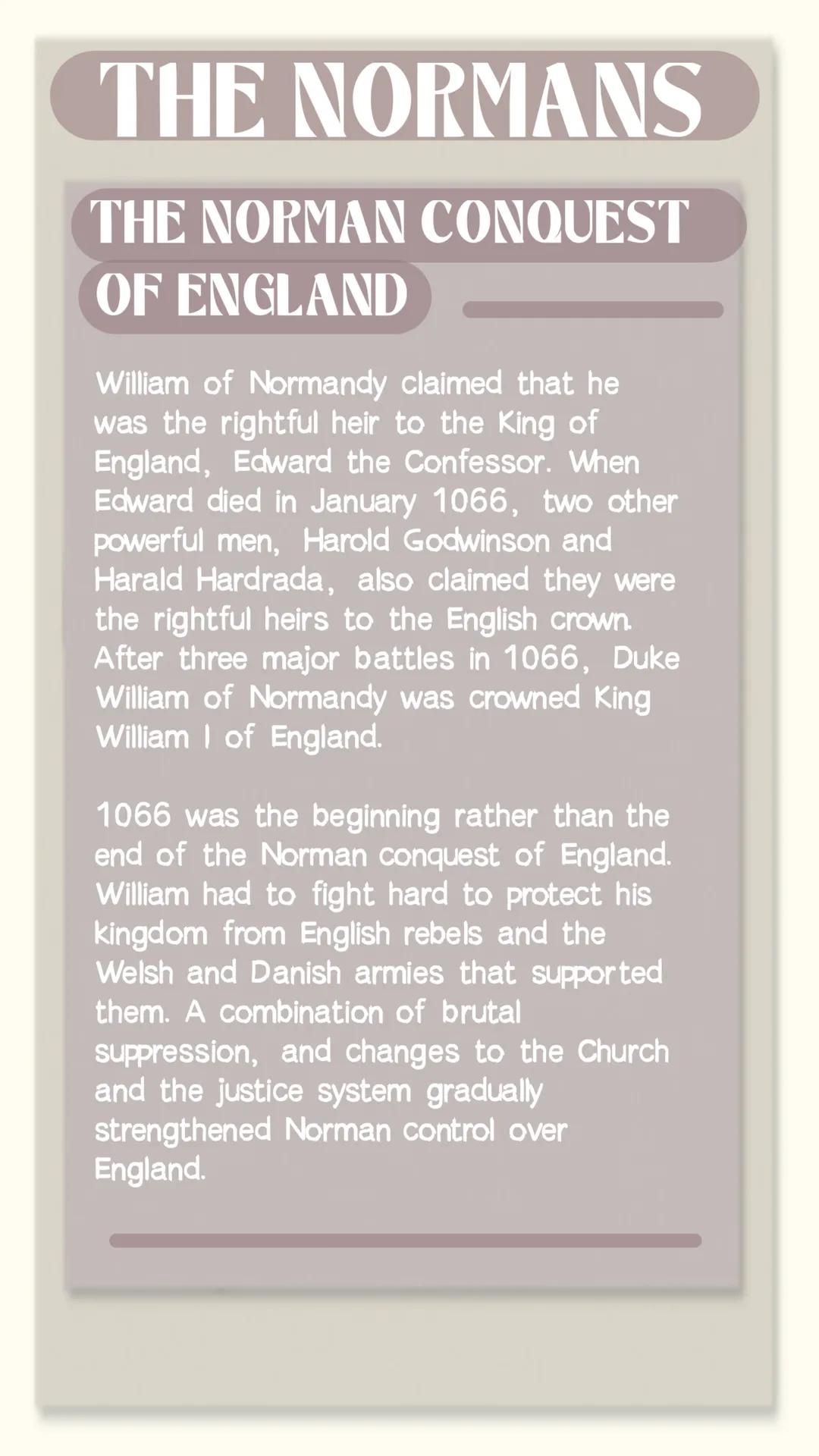 THE NORMANS
THE KEY THEMES OF THE
NORMAN CONQUEST
conquest
- construction
consolidation
-
people
PEOPLE
Major events in medieval Europe, suc