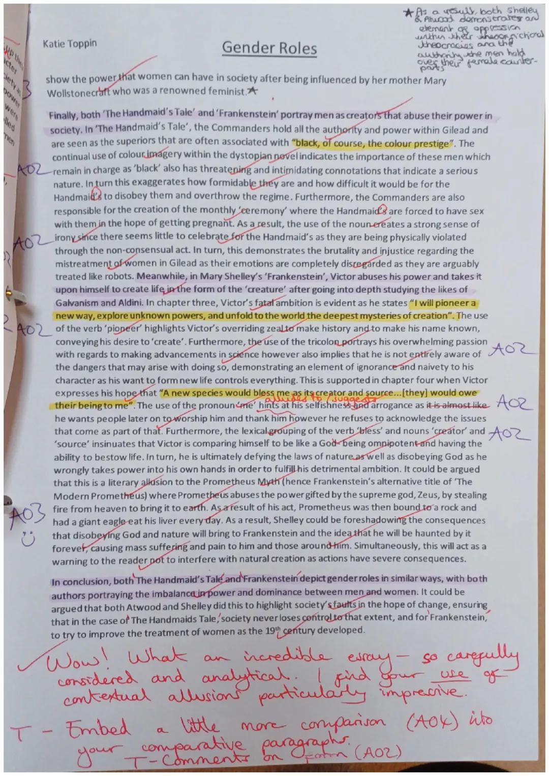 Katie Toppin

Gender Roles

ΠΟΙ
A04

Gothiavel
EXPLORE THE PRESENTATION OF GENDER ROLES IN 'FRANKENSTEIN' AND 'THE HANDMAID'S TALE'
a bit fl