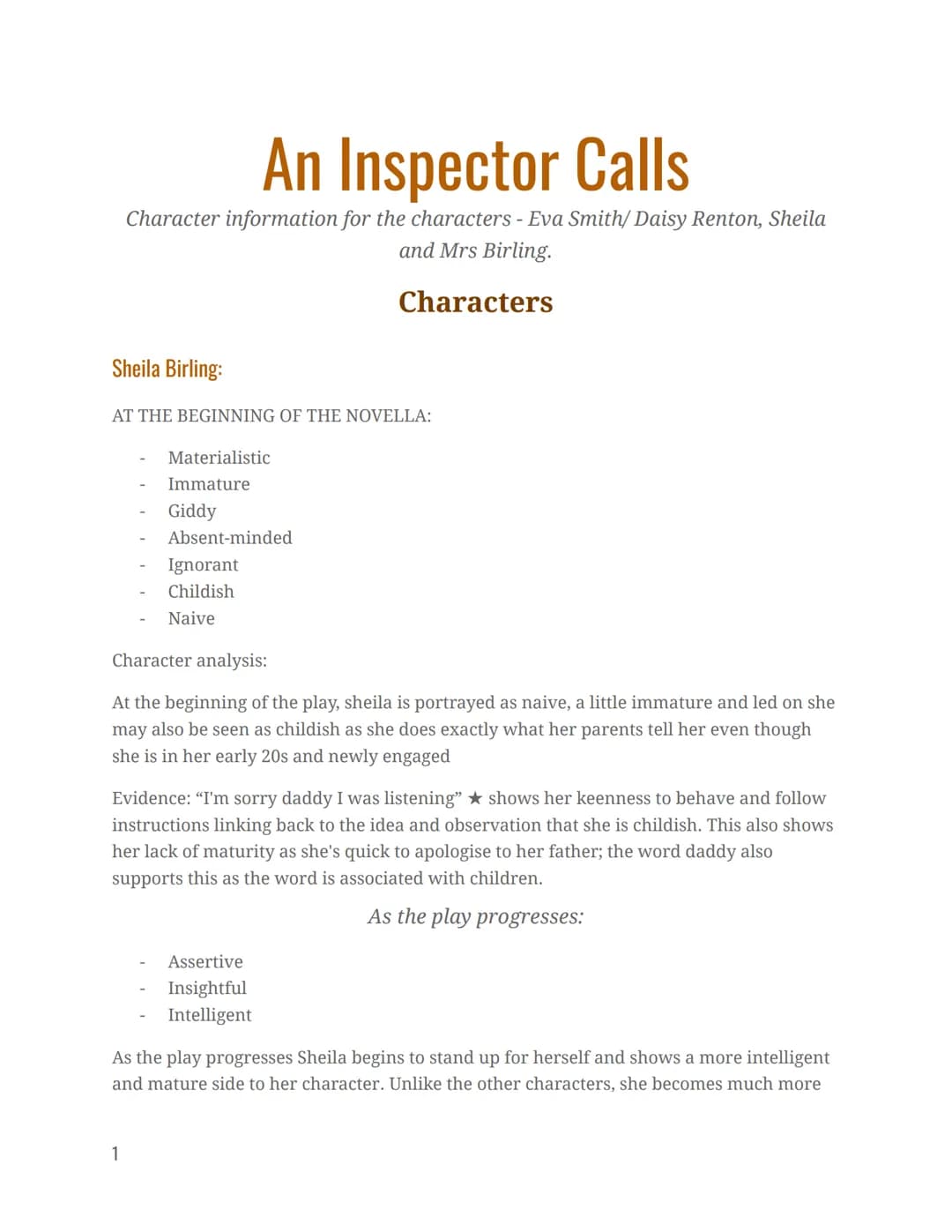 An Inspector Calls
Character information for the characters - Eva Smith/ Daisy Renton, Sheila
and Mrs Birling.
Characters
Sheila Birling:
AT