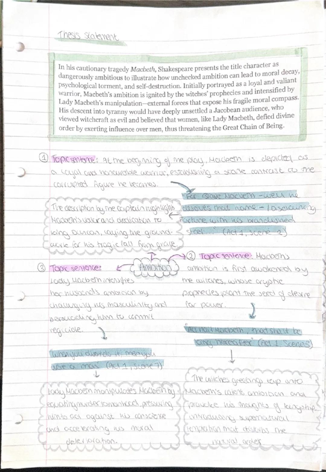 Thesis scatament
In his cautionary tragedy Macbeth, Shakespeare presents the title character as
dangerously ambitious to illustrate how unch