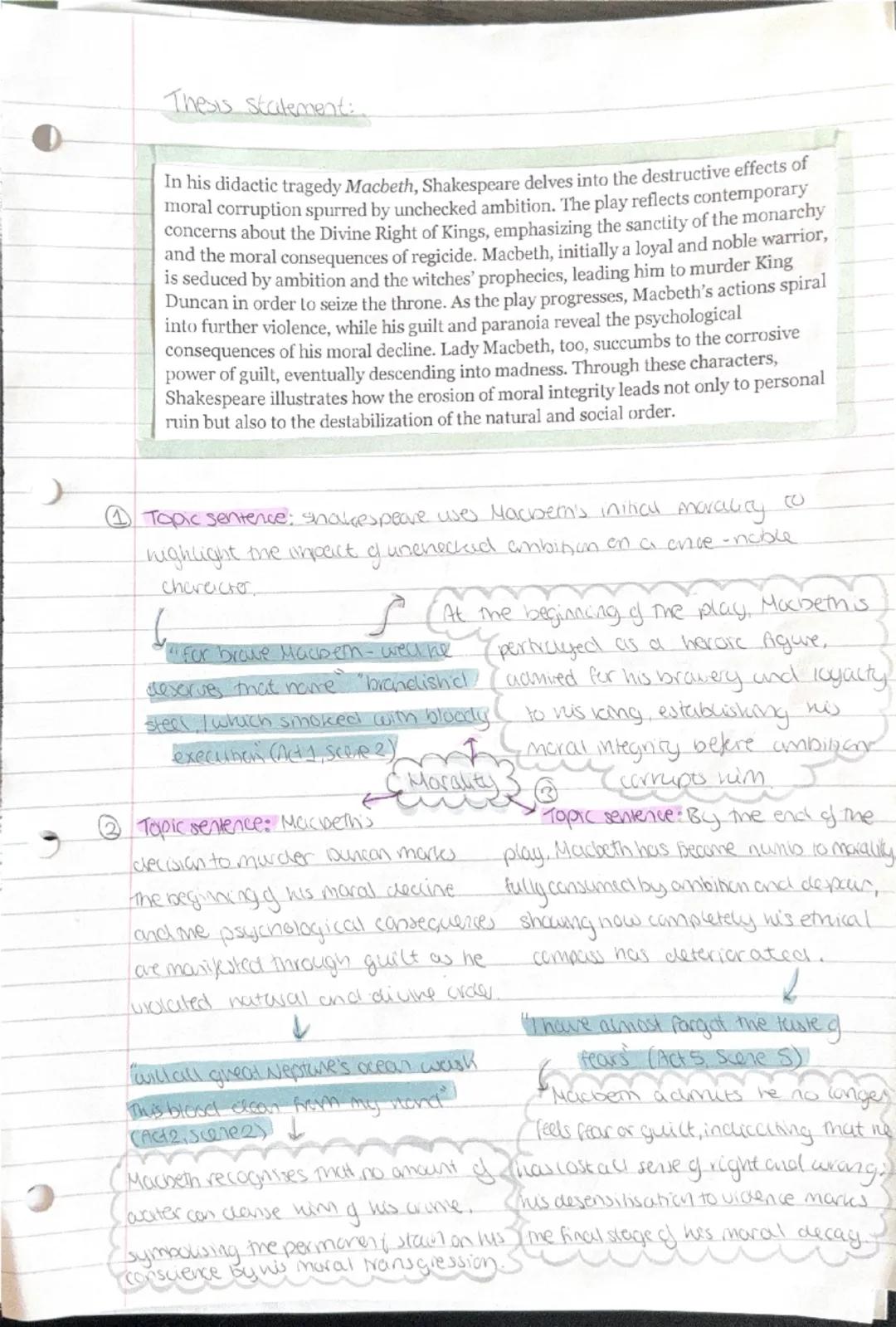 Thesis scatament
In his cautionary tragedy Macbeth, Shakespeare presents the title character as
dangerously ambitious to illustrate how unch
