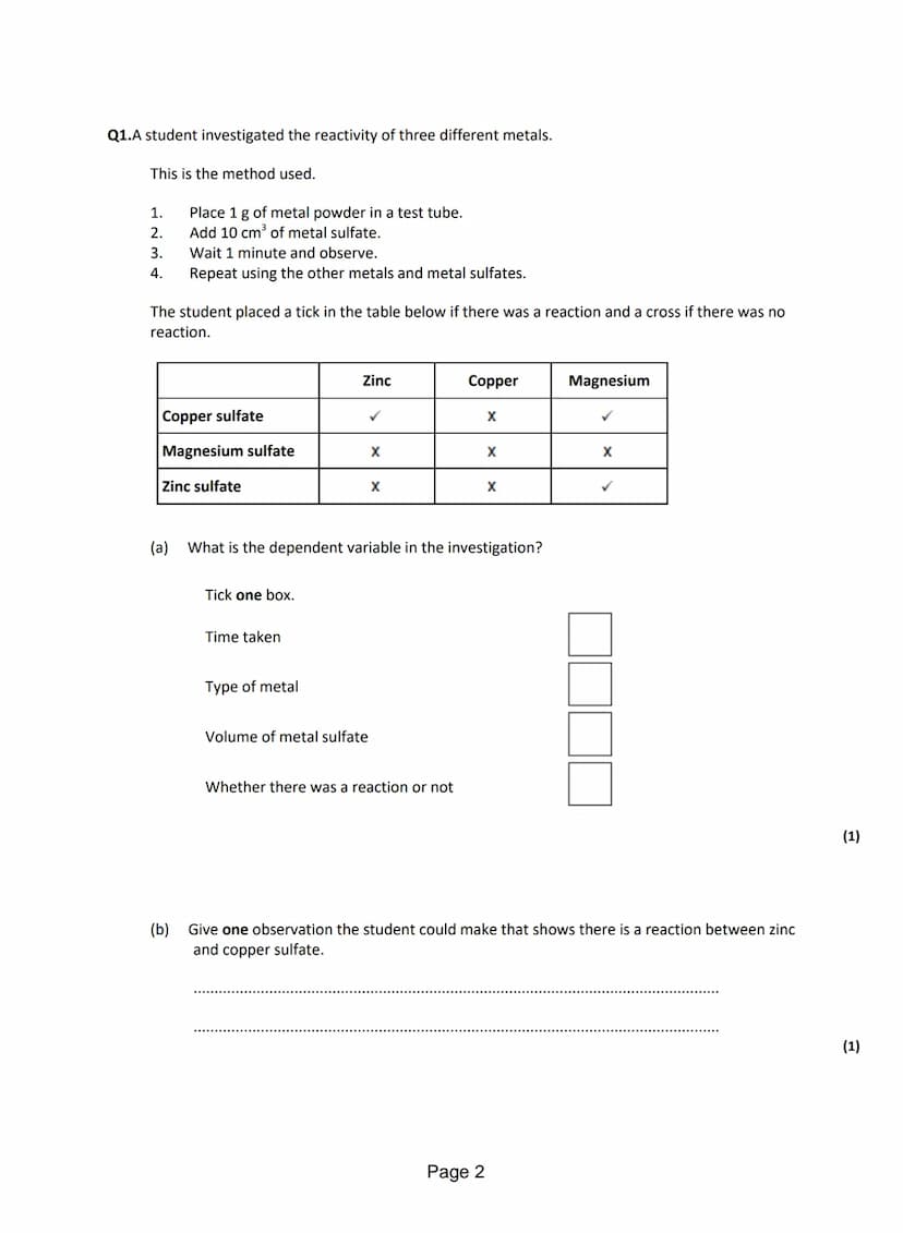 Q1.A student investigated simple cells using the apparatus shown in the figure below.
●
The student's results are shown in the table below.
