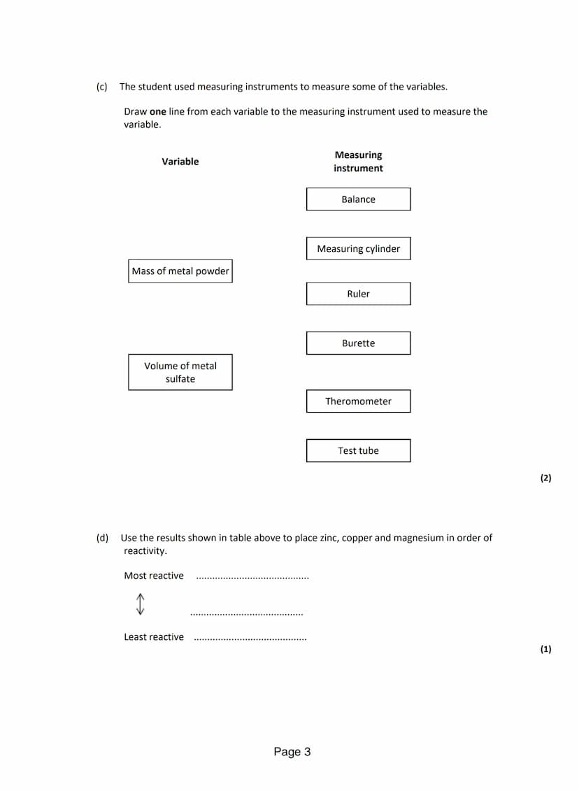 Q1.A student investigated simple cells using the apparatus shown in the figure below.
●
The student's results are shown in the table below.
