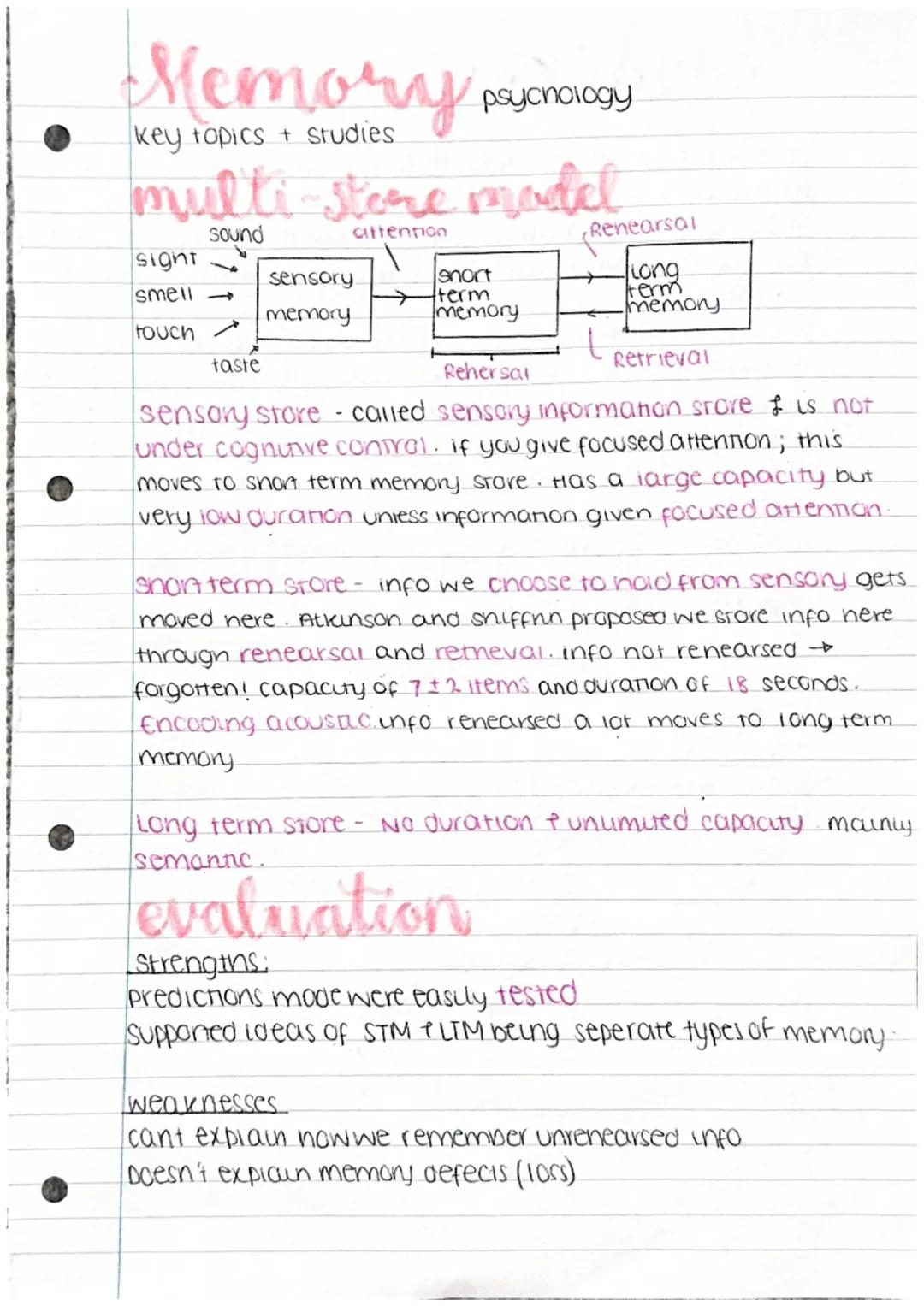 Memory
key topics + Studies.
psychology
multi-store model
Sound
attention
Renearsal
sight
sensory
snort
Long
smell →
term
memory
memory
term