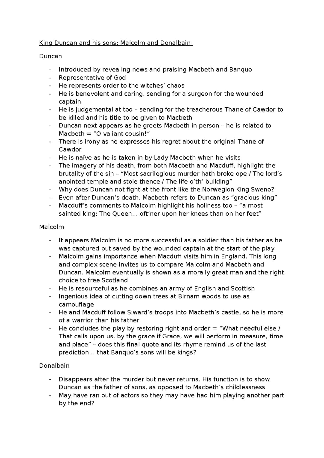 Macbeth: King Duncan and His Sons Analysis for GCSE