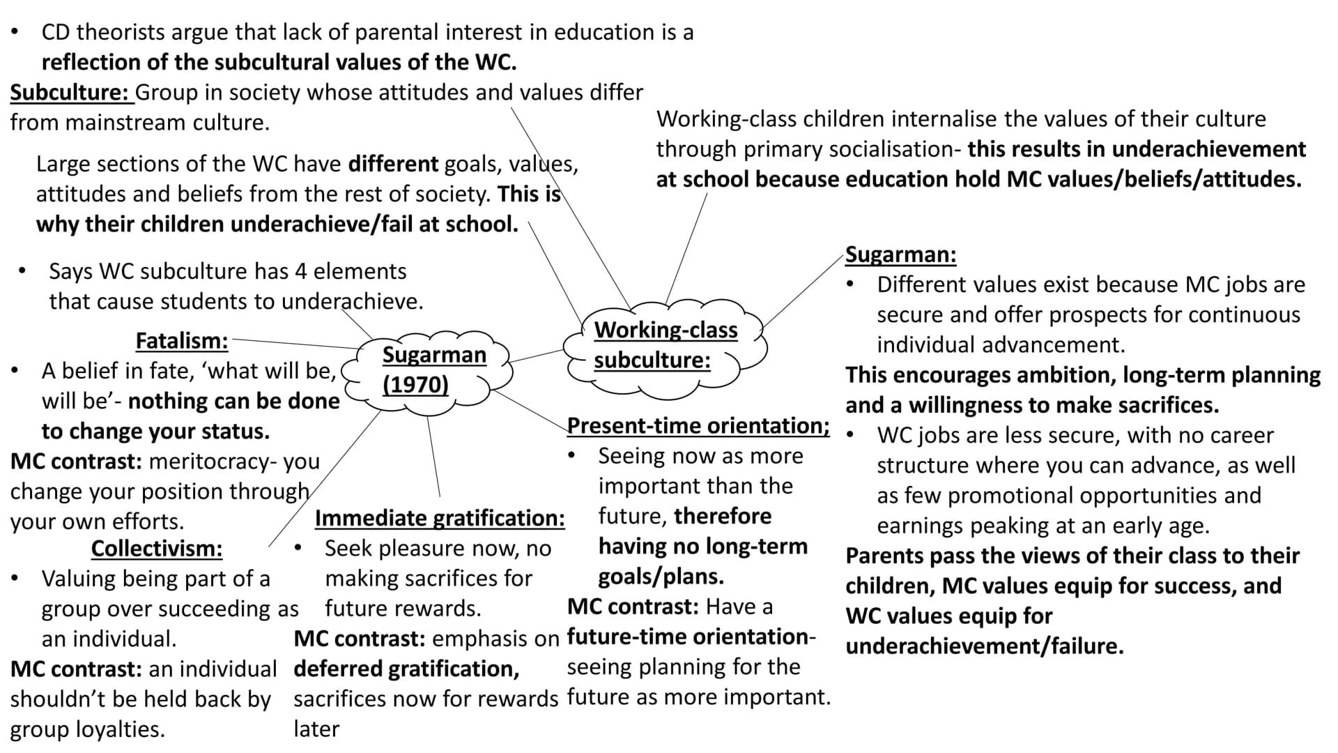 Cultural Deprivation
External factor of class differences in educational achievement
Key:
CD= Cultural Deprivation
WC= Working-Class
MC= Mid