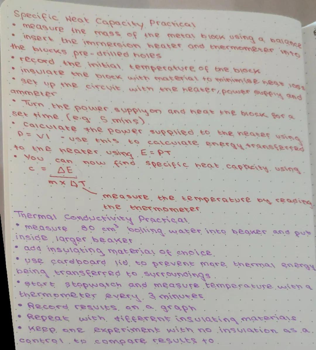 Specific Heat Capacity Practical
- measure the mass of the metal block using a balance
- insert the immersion heater and thermometer into
th