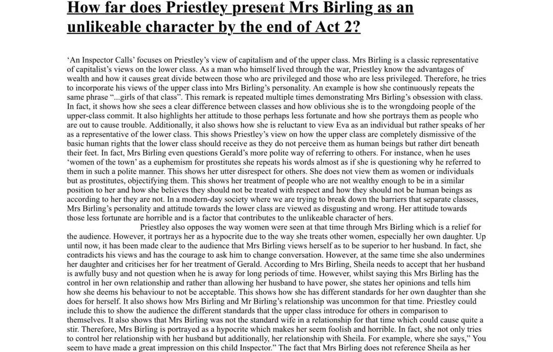 Does Priestley Present Mrs Birling as Unlikeable by the End of Act 2? - An Inspector Calls