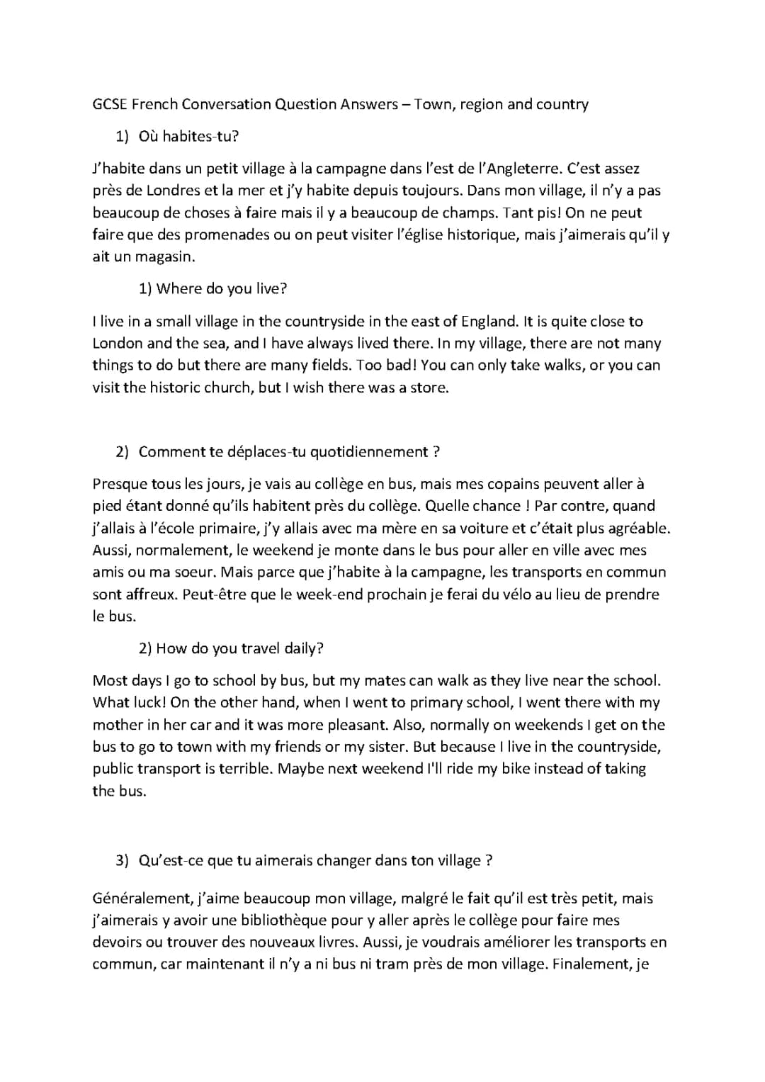 Questions de conversation GCSE Français : Ville et Région avec réponses
