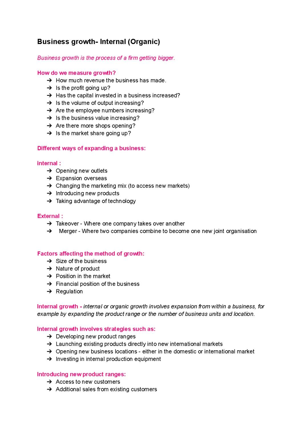 GCSE Edexcel Business Internal Growth 