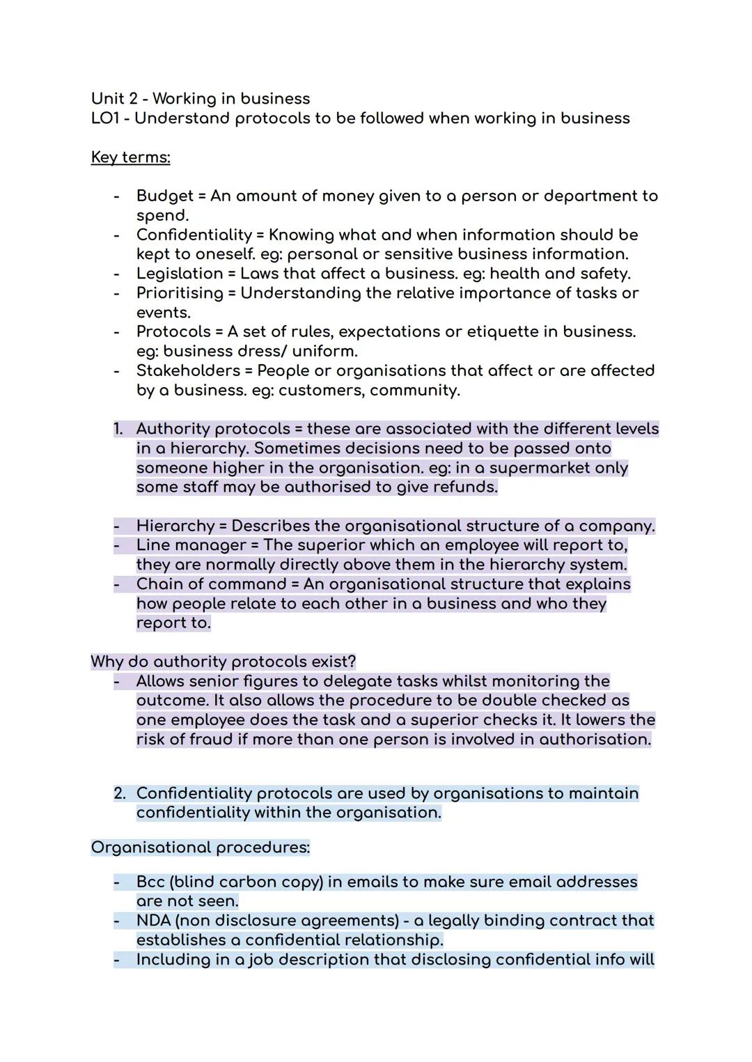 Unit 2 - Working in business
LO1 - Understand protocols to be followed when working in business
Key terms:
Budget = An amount of money given