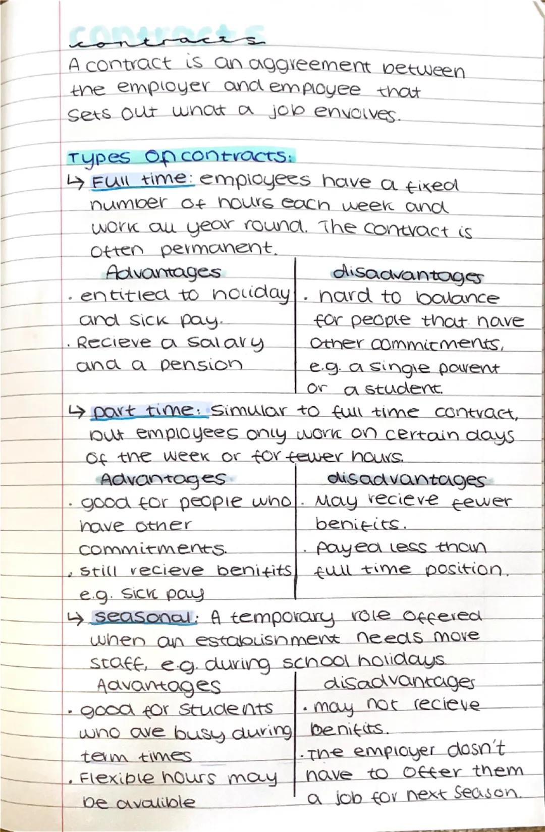 contraces
A contract is an aggreement between
the employer and employee that
Sets out what a job envolves.
Types of contracts:
Full time: em