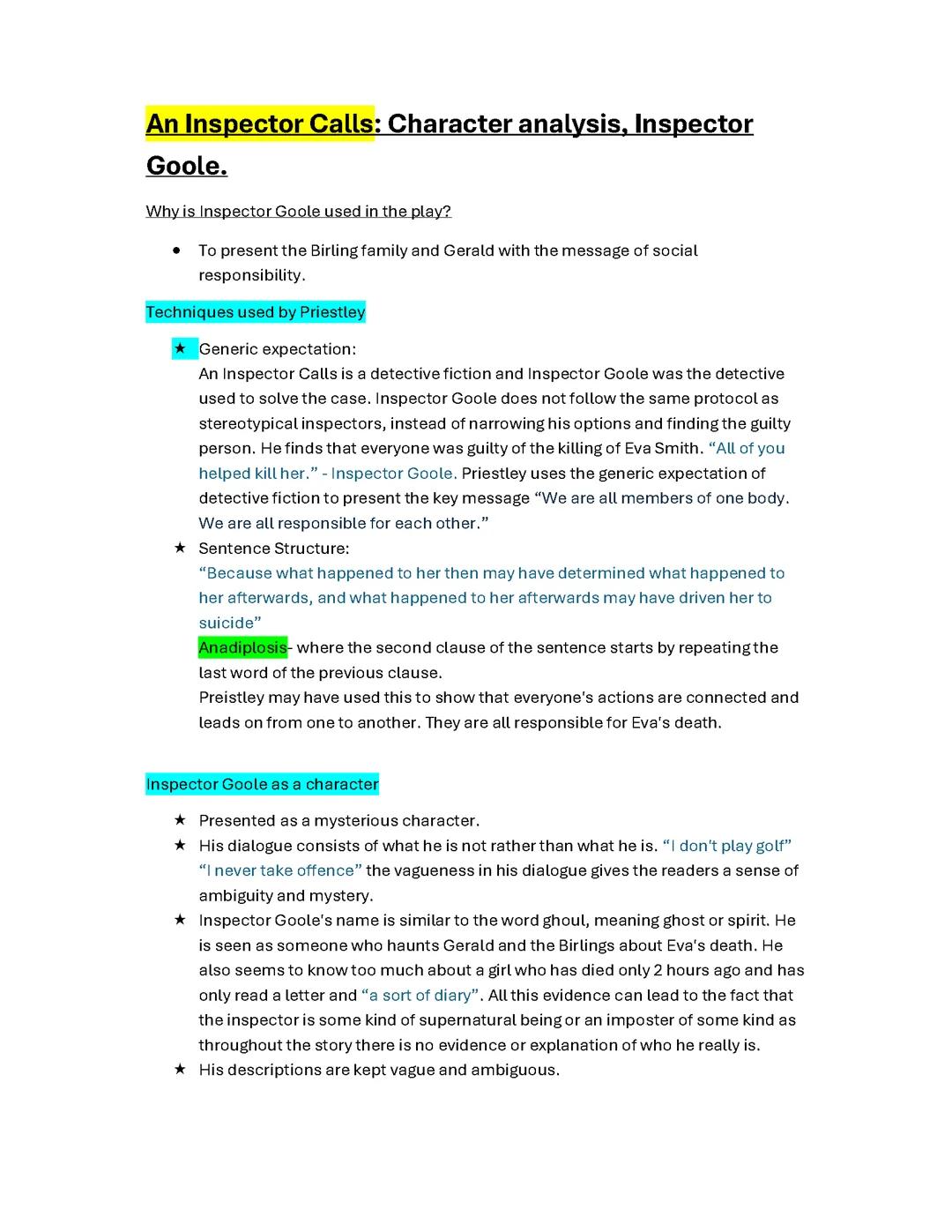 Inspector Goole, Character analysis