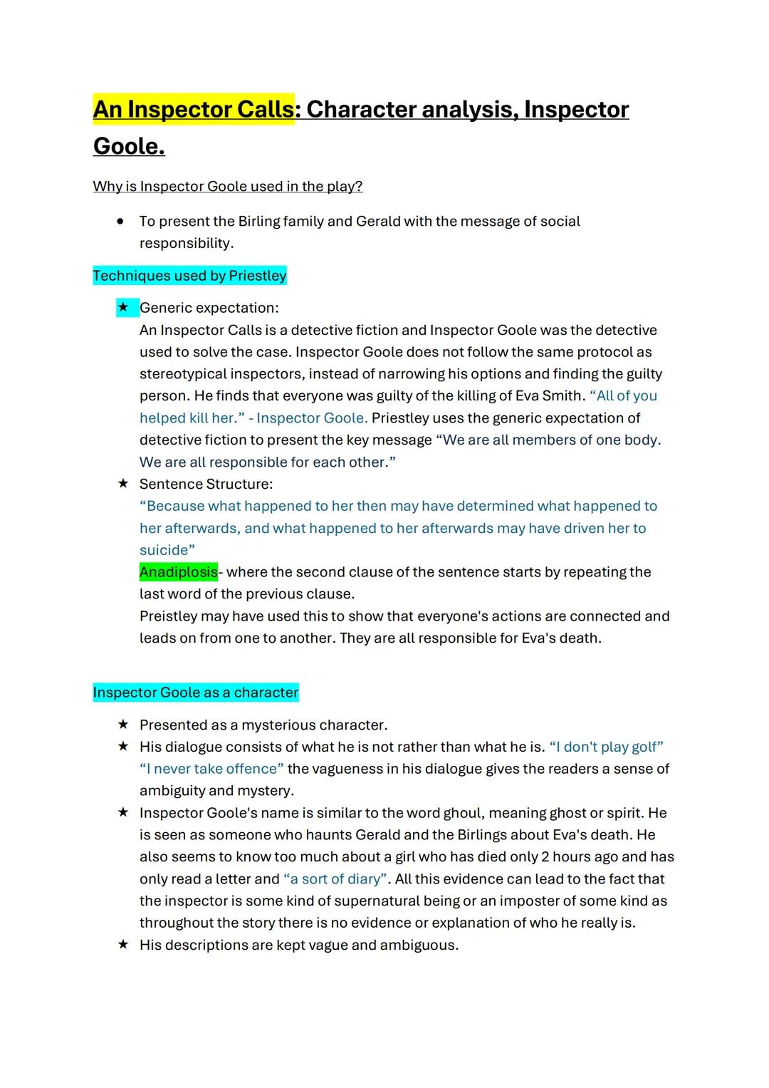 An Inspector Calls: Character analysis, Inspector
Goole.
Why is Inspector Goole used in the play?
• To present the Birling family and Gerald