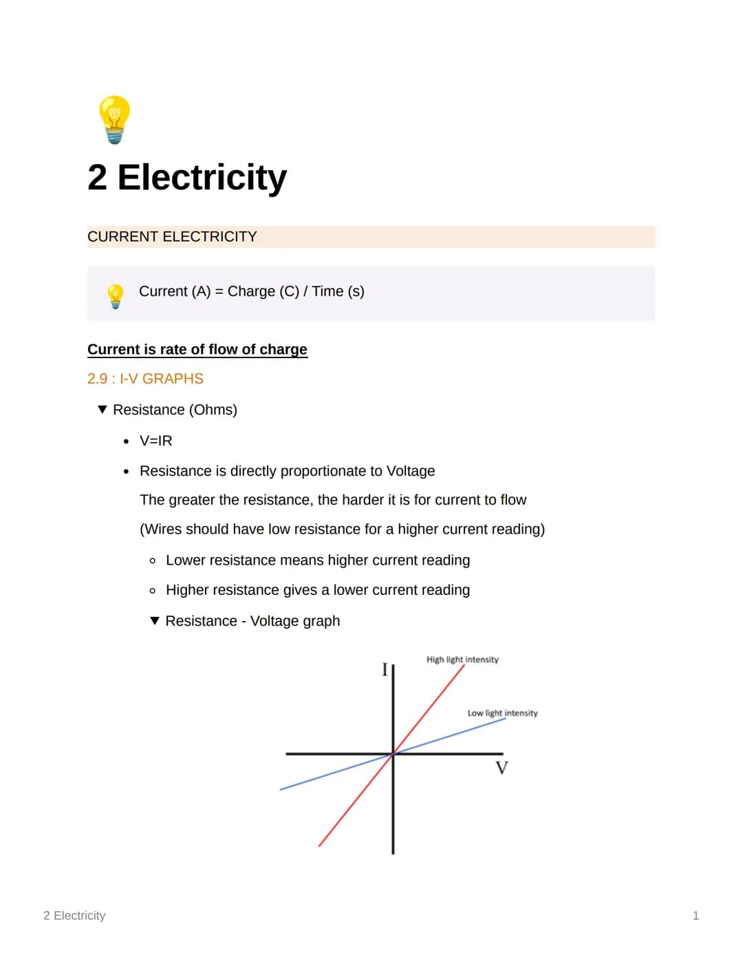 2 Electricity
CURRENT ELECTRICITY
Current (A) = Charge (C) / Time (s)
Current is rate of flow of charge
2.9 I-V GRAPHS
▼ Resistance (Ohms)
•