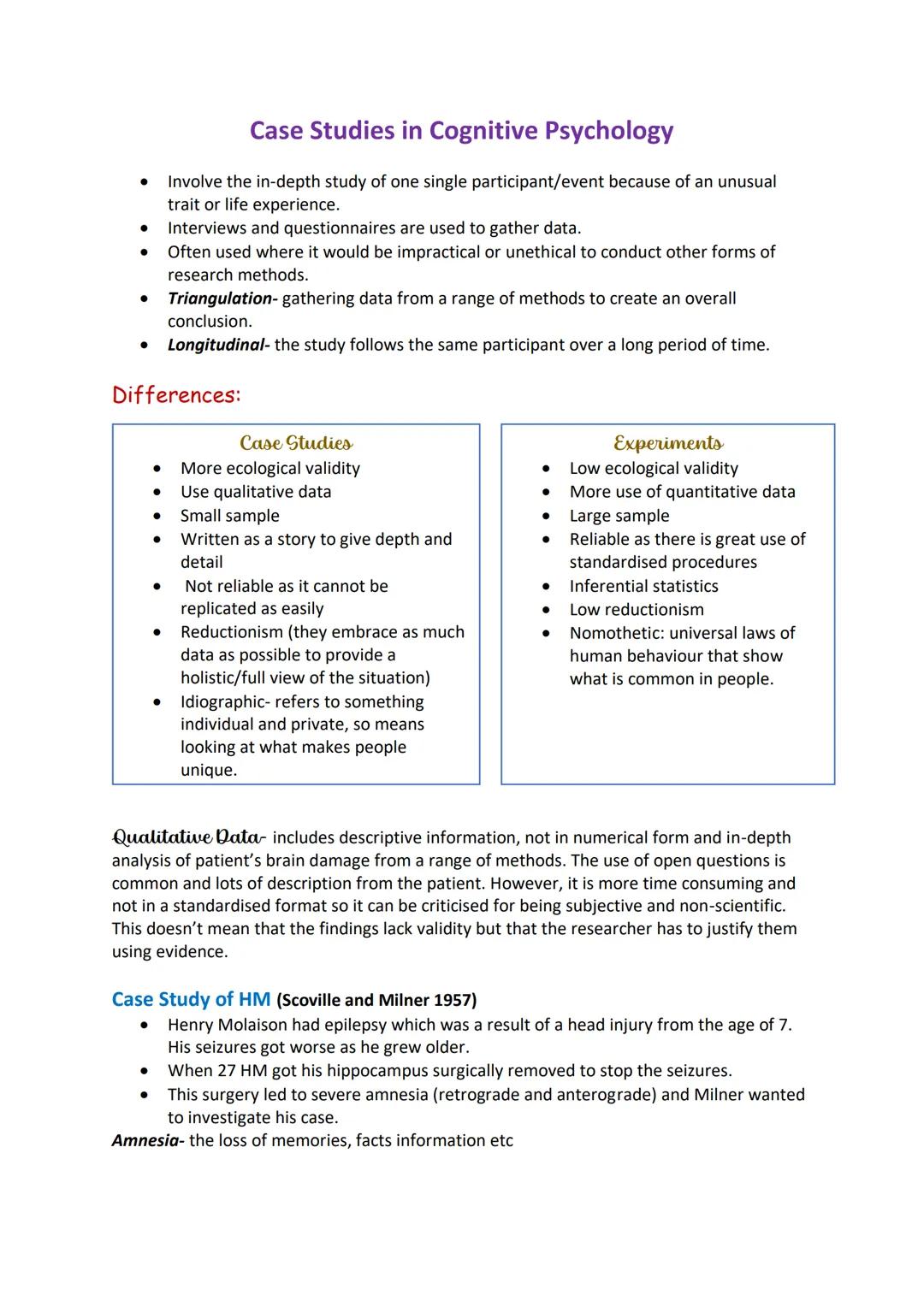 # Case Studies in Cognitive Psychology

- Involve the in-depth study of one single participant/event because of an unusual
trait or life exp