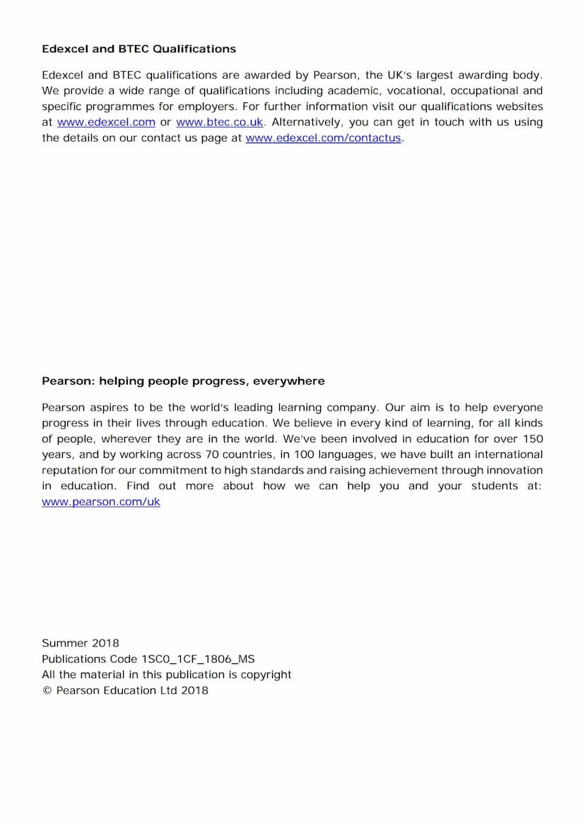 P Pearson
Edexcel
Mark Scheme (Results)
Summer 2018
Pearson Edexcel GCSE
Combined Science - Paper 3
Chemistry 1 (1SC0_1CF)
edexcel
000
●
▬▬ 