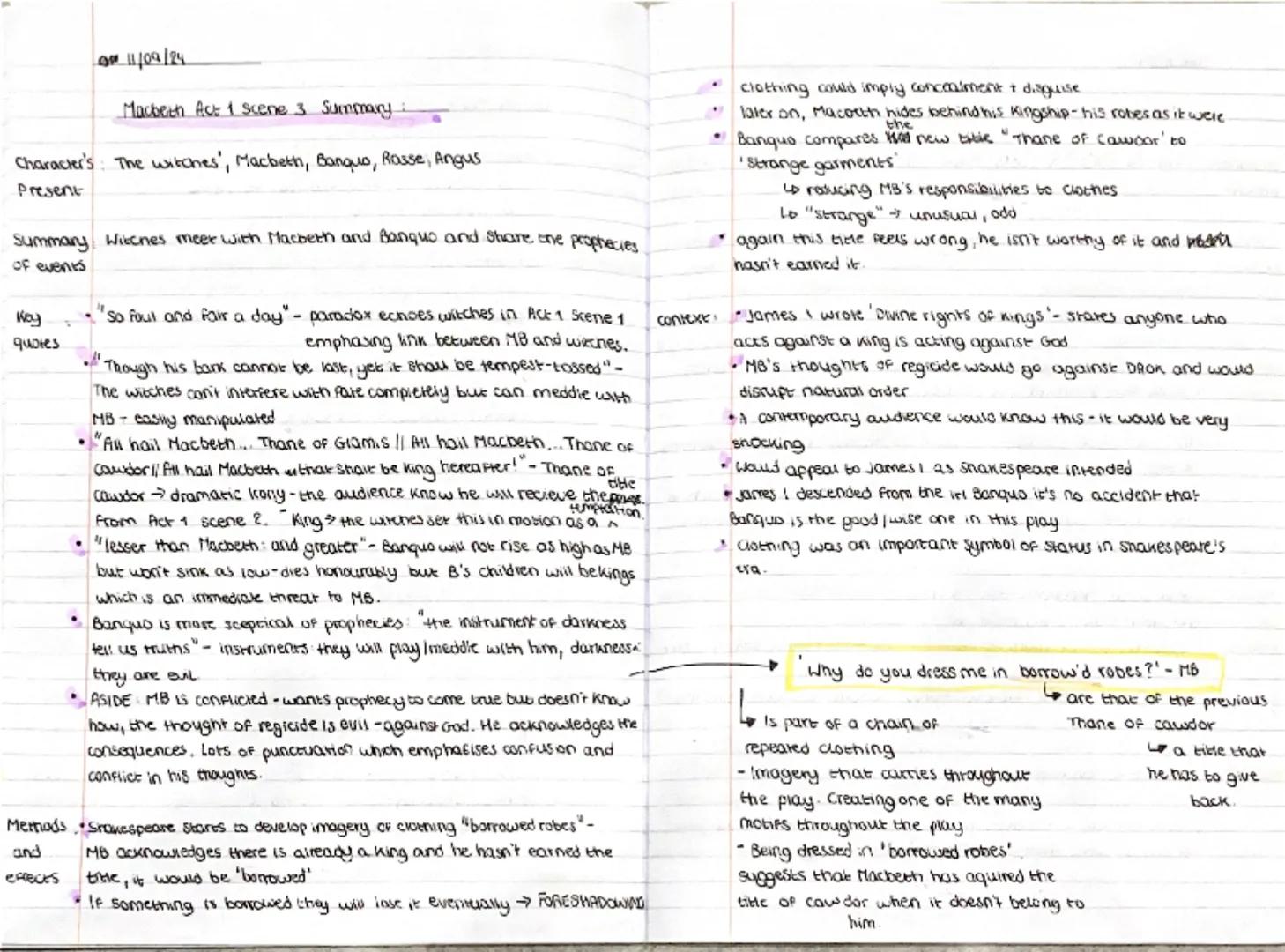 OP 11/09/24
Macbeth Act 1 Scene 3 Summary
Character's: The witches', Macbeth, Banquo, Rasse, Angus
Present
Summary: Witches meet with Macbet
