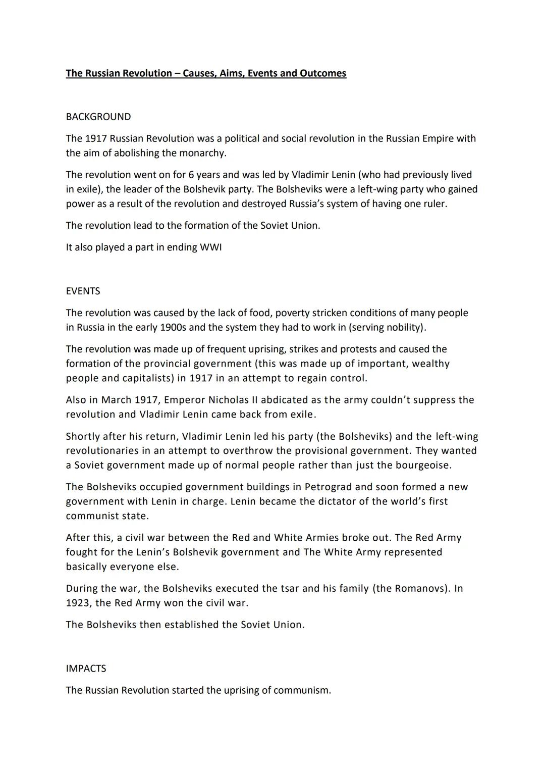 The Russian Revolution - Causes, Aims, Events and Outcomes