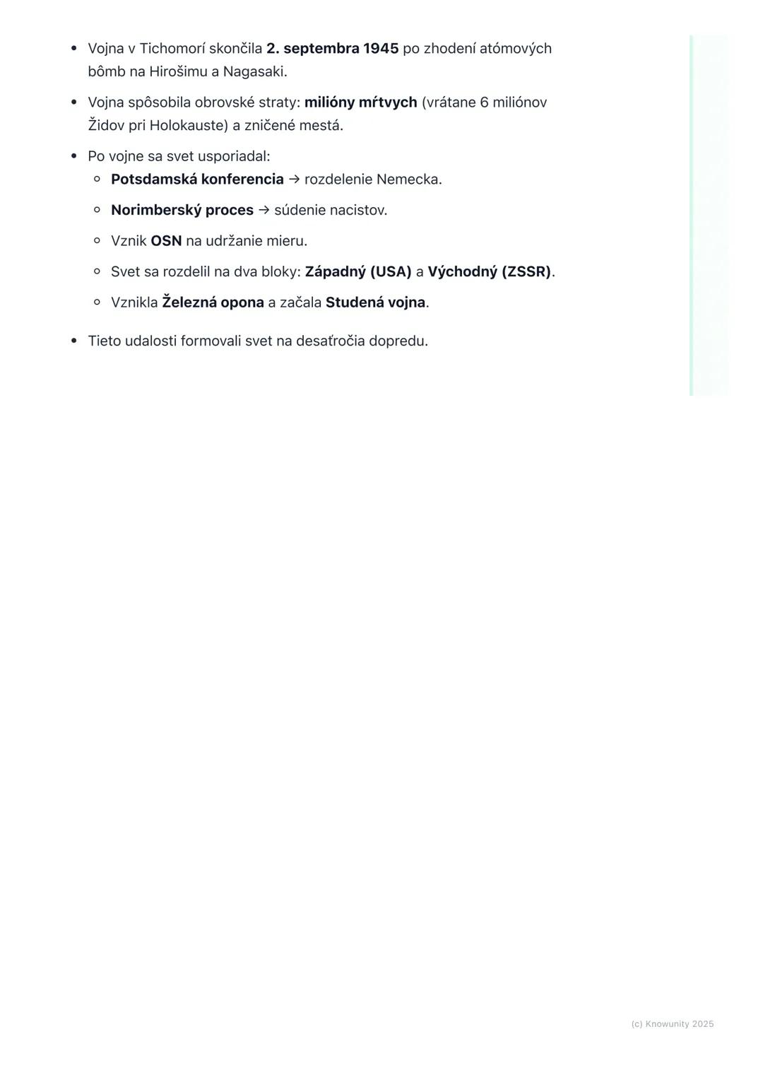 # Koniec vojny a jej dôsledky

## 1. Prehľad konca vojny a jej následkov

Takže, druhá svetová vojna bola obrovský konflikt, ktorý zmenil ce