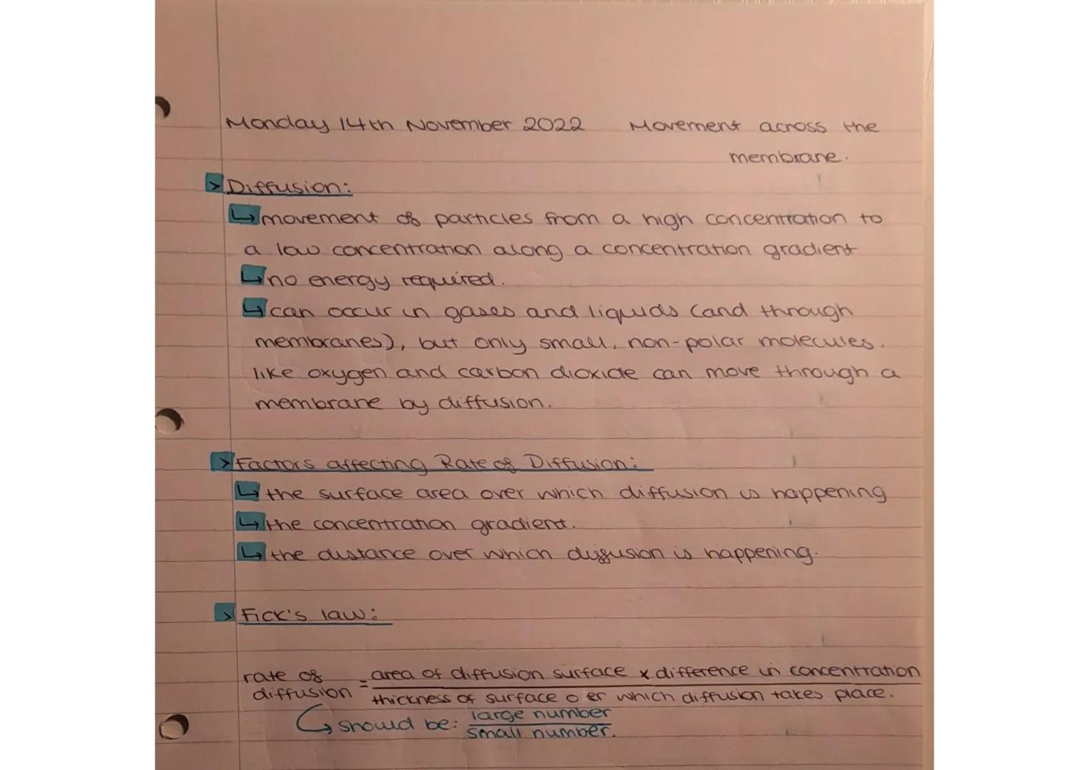 Monday 14th November 2022
Movement across the
membrane.
> Diffusion:
movement of particles from a high concentration to
a low concentration 