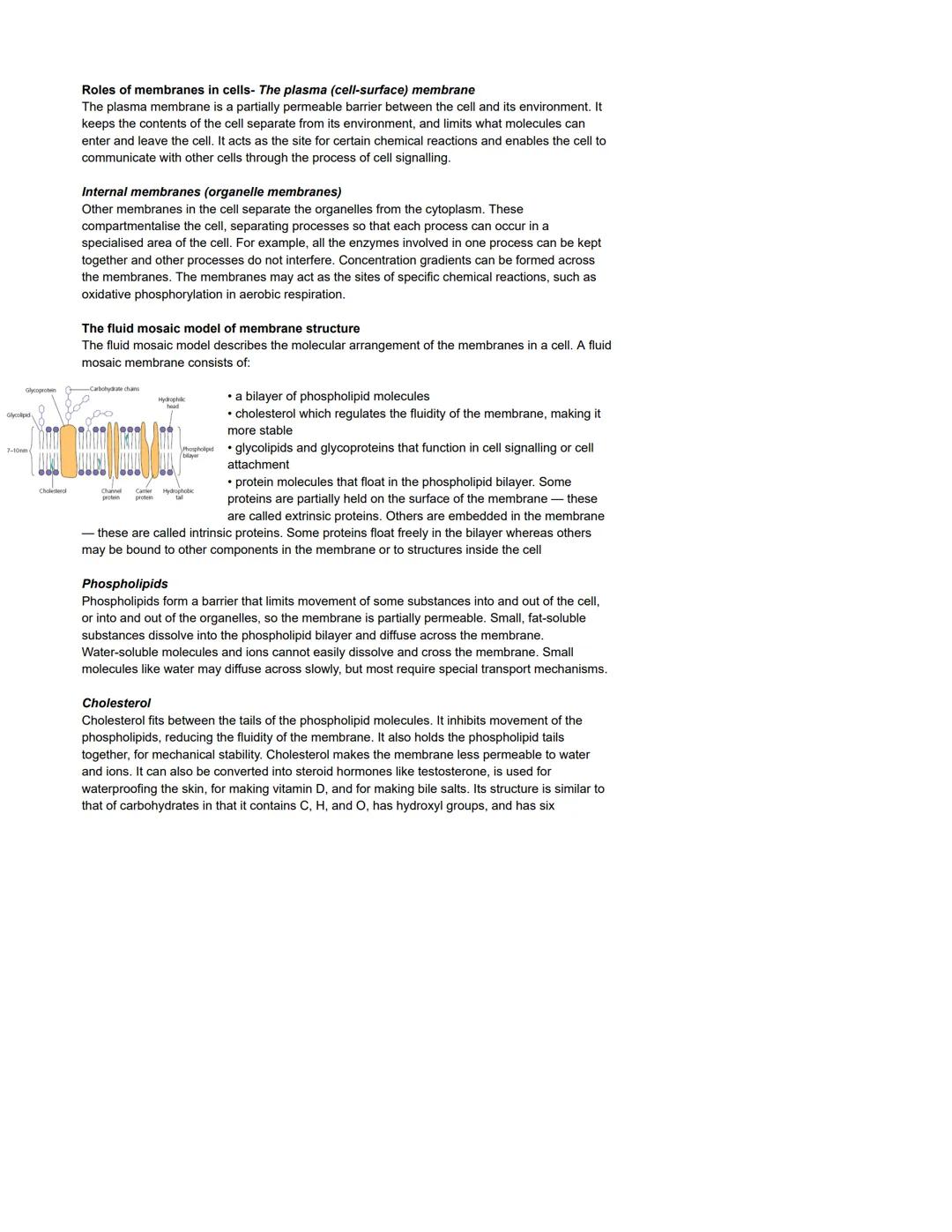 Glycoprotein
Glycolpad
Cholesterol
Roles of membranes in cells- The plasma (cell-surface) membrane
The plasma membrane is a partially permea