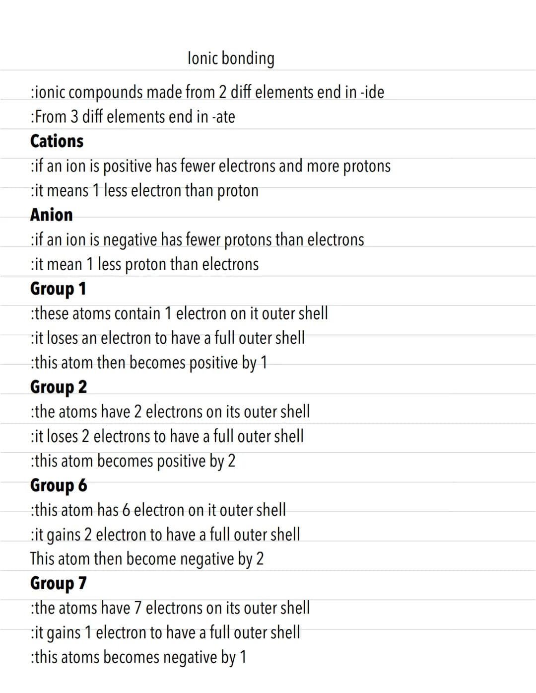 Ionic bonding
:ionic compounds made from 2 diff elements end in -ide
:From 3 diff elements end in -ate
Cations
:if an ion is positive has fe