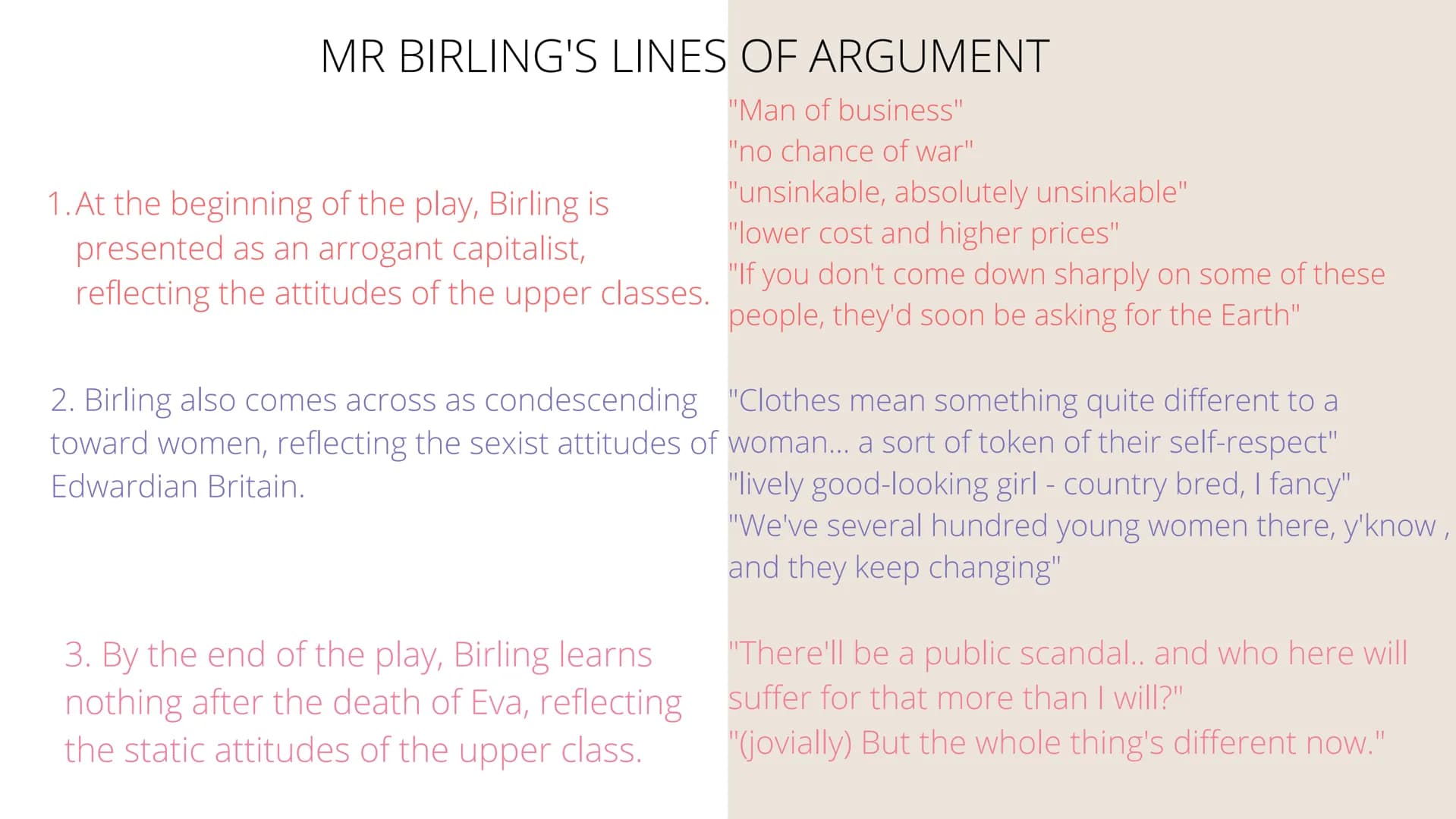 ΑΝ
INSPECTOR
CALLS
MR. ARTHUR BIRLING MR BIRLING'S LINES OF ARGUMENT
"Man of business"
"no chance of war"
"unsinkable, absolutely unsinkable