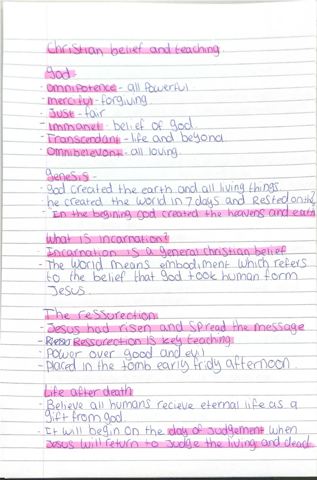 Christian belief and teaching.
god-
Omnipotence-all Powerful
-merciful-forgiving.
JUSt-fair
Immanet belief of god.
-Transcendant-life and be