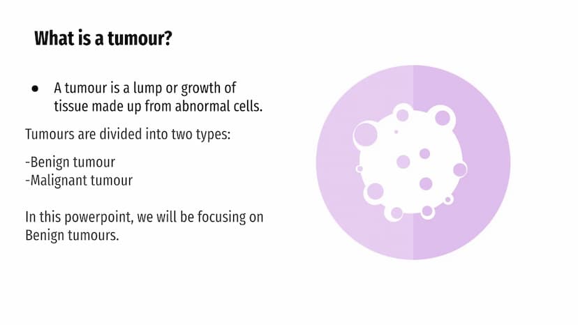 CANCERS AND
TUMOURS BENIGN
TUMOURS
@aleyahafsa What is a tumour?
A tumour is a lump or growth of
tissue made up from abnormal cells.
Tumours