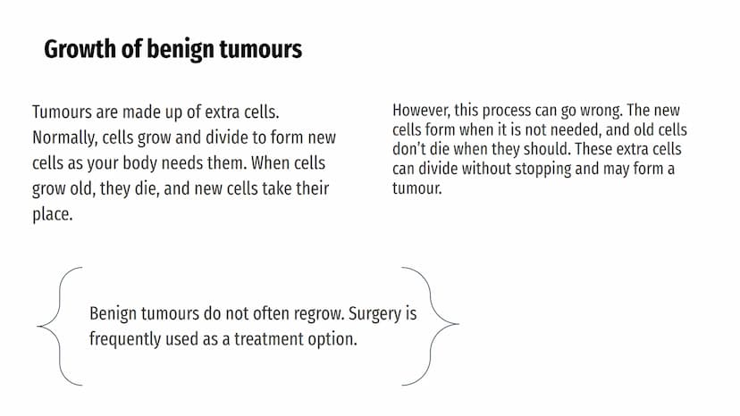 CANCERS AND
TUMOURS BENIGN
TUMOURS
@aleyahafsa What is a tumour?
A tumour is a lump or growth of
tissue made up from abnormal cells.
Tumours