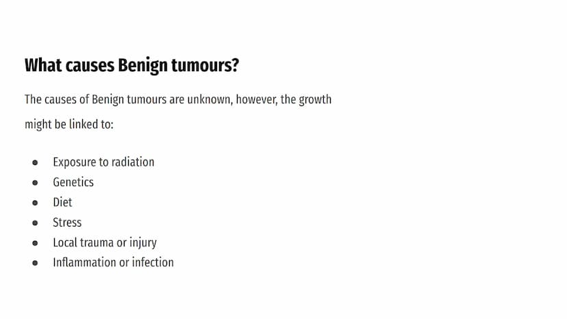 CANCERS AND
TUMOURS BENIGN
TUMOURS
@aleyahafsa What is a tumour?
A tumour is a lump or growth of
tissue made up from abnormal cells.
Tumours