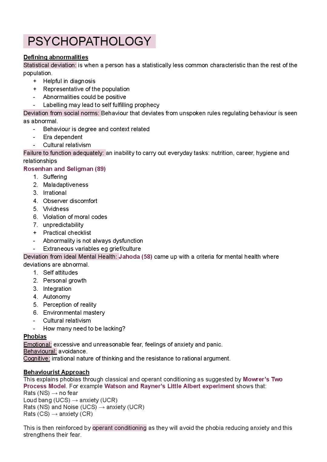 Psychopathology revision notes