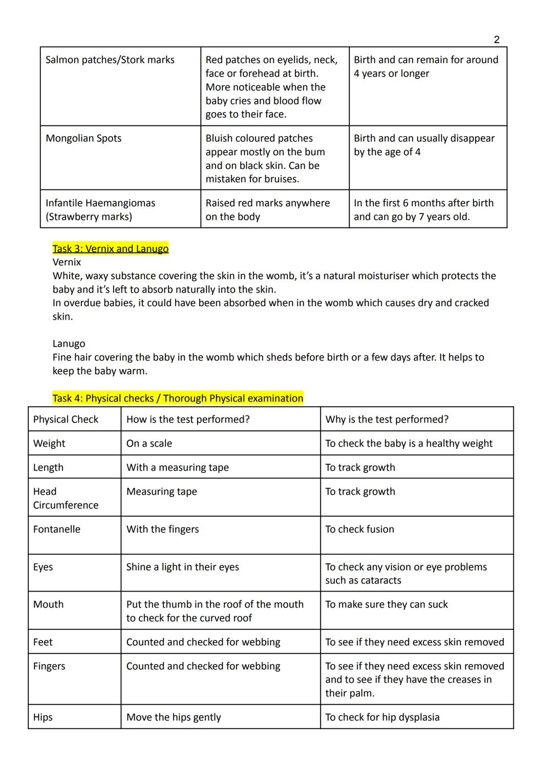 The Newborn Baby - page 38 Revision Guide
Task 1
Apgar Score Routine checks
Routine Checks that are normally carried out on newborn babies a