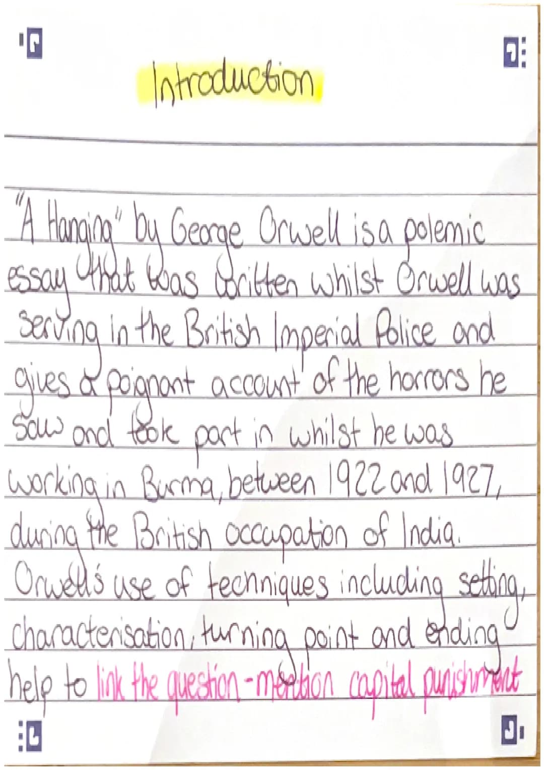 
<h2 id="introduction">Introduction</h2>
<p>"A Hanging" by George Orwell is a polemic essay written while Orwell was serving in the British 