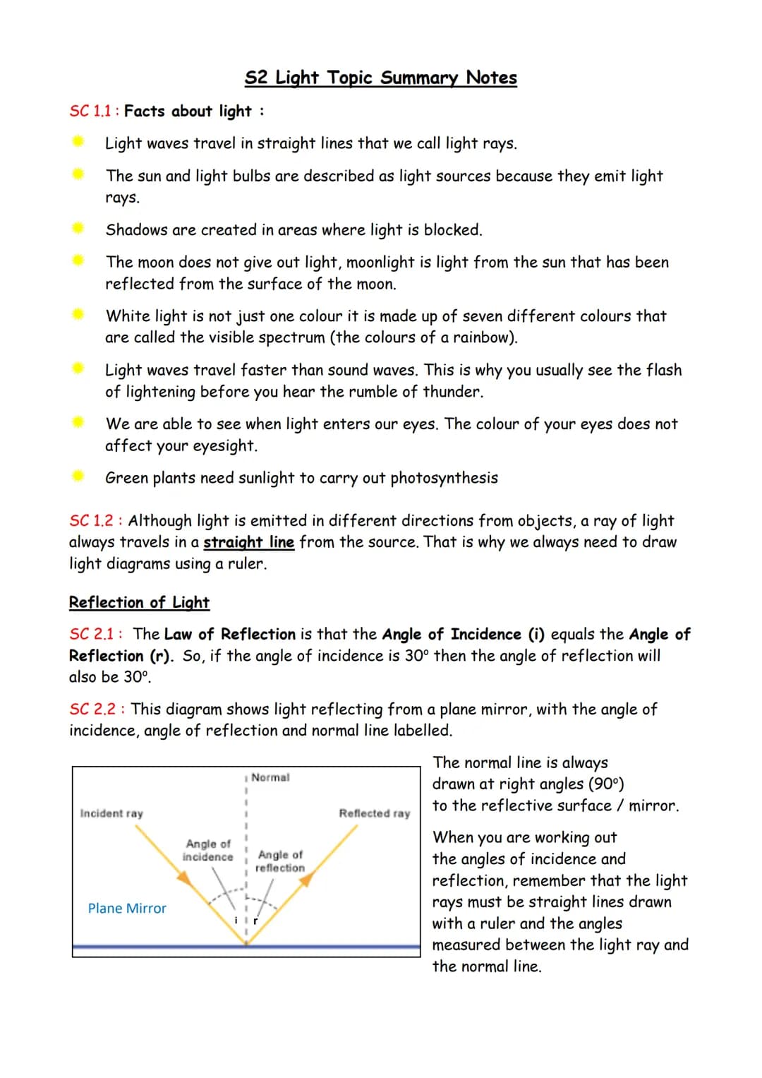 SC 1.1 Facts about light :
Light waves travel in straight lines that we call light rays.
The sun and light bulbs are described as light sour