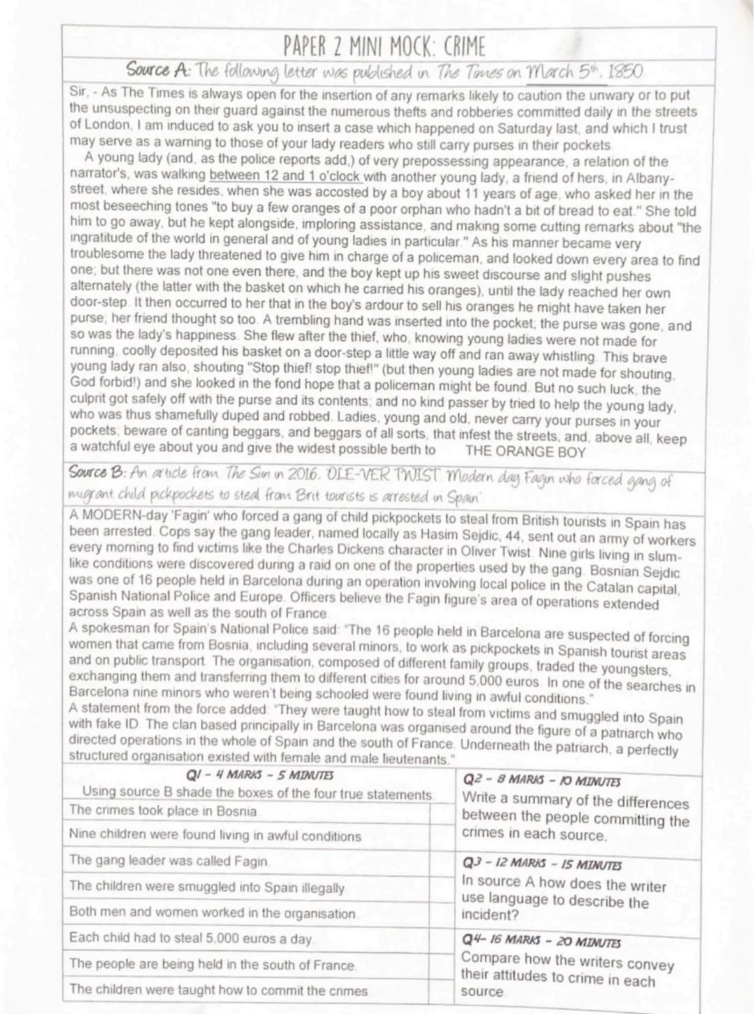 PAPER 2 MINI MOCK: CRIME
Source A: The following letter was published in The Times on March 5th, 1850
Sir, - As The Times is always open for