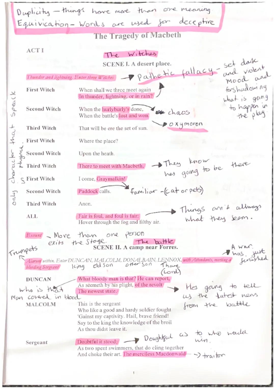 Duplicity-things have more than one meaning
Equivication-Words are used for deceptive

The Tragedy of Macbeth

ACT I
The Witches
SCENE I. A 