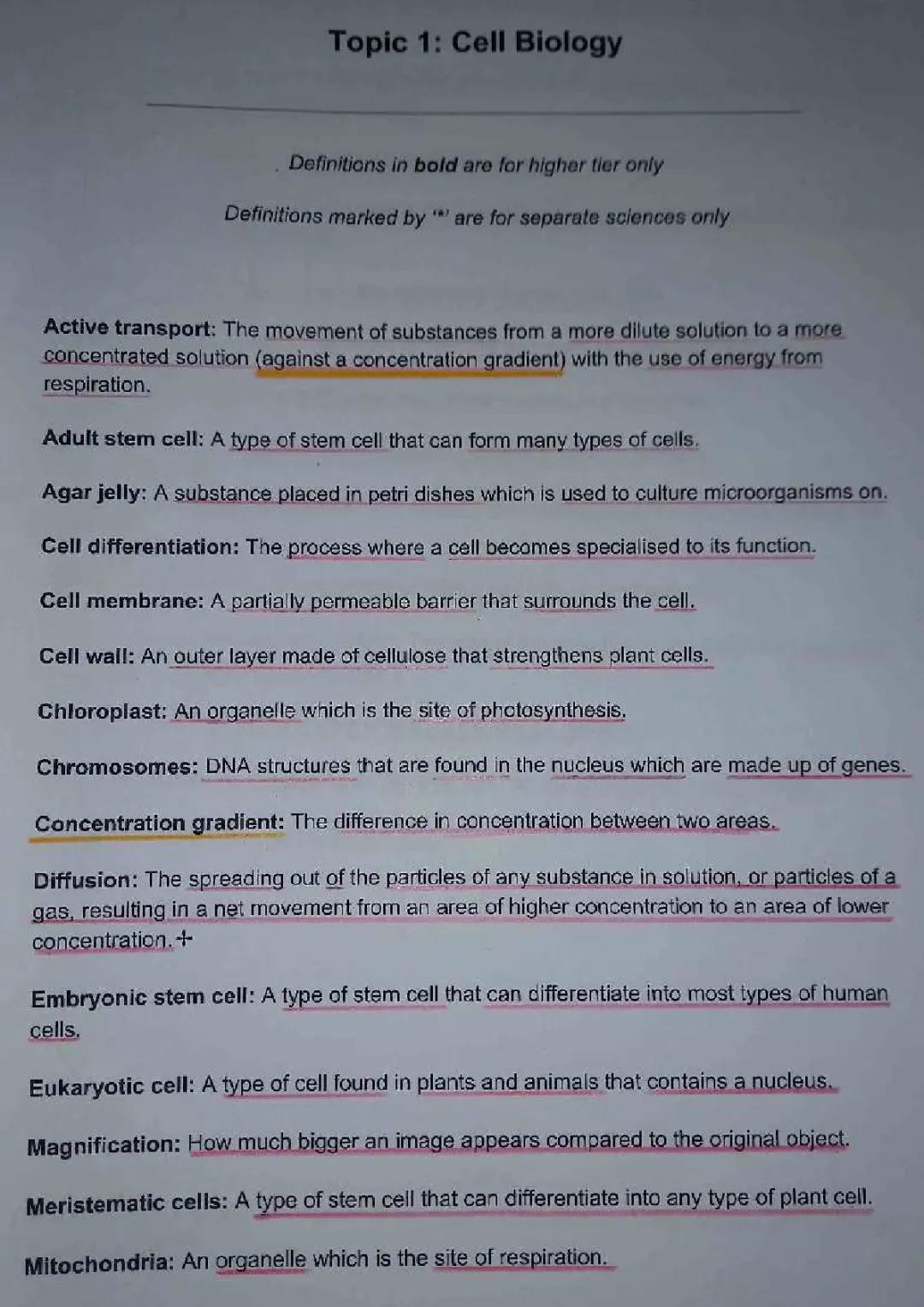 AQA Biology Definitions - Cells