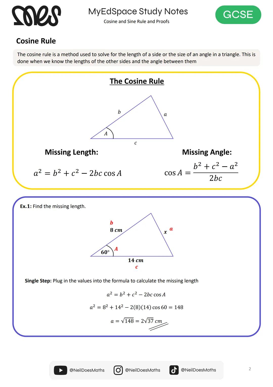 myedspace.co.uk

GCSE

MATHS

Study Notes
Cosine and Sine Rule
and Proofs

SES # mes
MyEdSpace Study Notes
Cosine and Sine Rule and Proofs
G