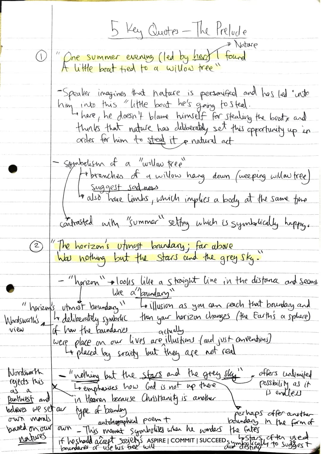 5
Key Quotes - The Prelude
Nature
①
"One
D
summer evening (led by her) I found
A little boat tied to a willow tree"
-Speaker imagines that n